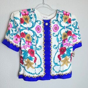 Talbots Vintage Silk Floral Scarf Print Blouse Blue White Pink Size 10 NWT Pearl